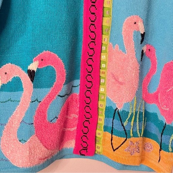 Vintage Storybook Knits Sweater Summertime Florida Flamingos Cardigan Size Small - Picture 5 of 8